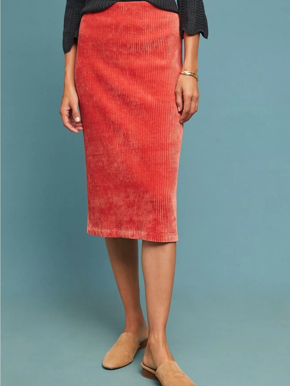 Anthropologie Corduroy pencil skirt Coral Reddish Orange Large